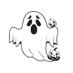 A simple black and white line art illustration of a frightened cartoon ghost floating with two spooky jack-o'-lanterns, perfect for Halloween