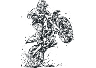 Obraz premium Motocross rider performing a wheelie on a motorcycle, graphic. Vector hand drawn illustration