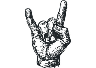 Hand making rock n roll gesture, hand drawn sketch on transparent background. Vector hand drawn illustration