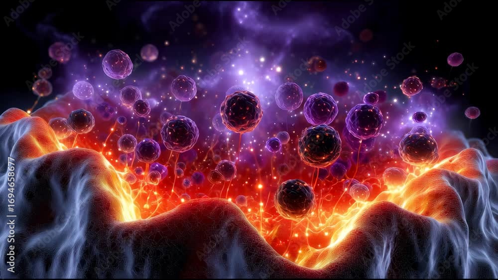 Poster animated loop of vibrant particles erupting from a fiery volcanic landscape with purple and orange h