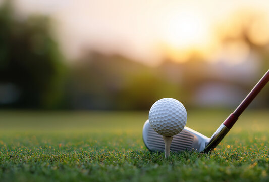 close-up of a golf ball and club on a tee box, with a blurred green grass background at sunset, suitable for a banner design