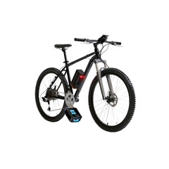 Fototapeta premium Sleek Black Electric Mountain Bike with Integrated Battery and Display