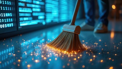 Broom sweeps digital data, cleaning floor with binary code. Concept of tech cleanup, system maintenance, and virus removal in cyberspace. Bright sparks suggest innovation and data security solutions.