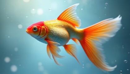 Vibrant goldfish swims in abstract aquatic background. Bright orange and gold fish floats in blue water with small bubbles. Clean, modern, surreal underwater scene emphasizing fluidity and color.