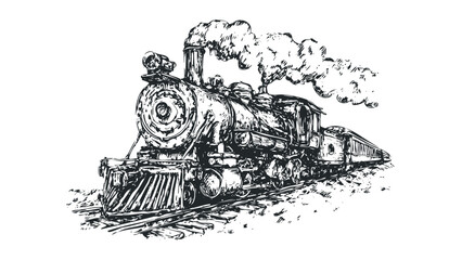 Sketch of steam locomotive with smoke on transparent background. Vector hand drawn illustration