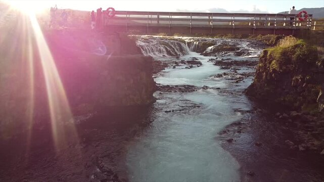 Low Drone Flight Under Bridge at Br&uacute;arfoss Waterfall in Iceland