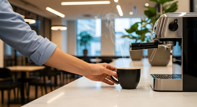 A professional businessman in a grey suit using a smartphone while sitting on a long couch in a minimalist modern office interior