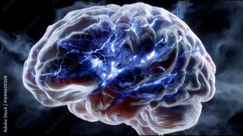 Poster close-up of a human brain with electric patterns and glowing neural connections in a misty atmospher