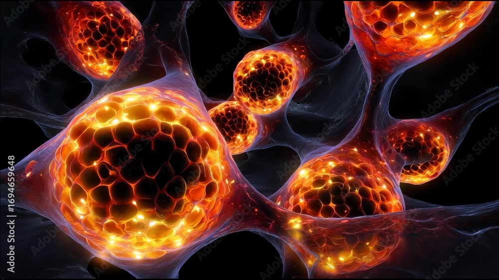 Poster close-up view of glowing interconnected cells with honeycomb structure in vibrant orange and gold hu