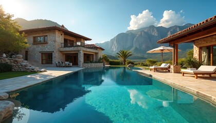 Fototapeta premium Luxury stone villa with infinity pool overlooks majestic mountains under clear blue skies. Modern architecture defines vacation home, offering serene escape with ample relaxation space. Enjoy summer