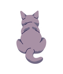 British Shorthair cat sits back view. Cute cat with grey coat is turned away. Gray kitten with tail behind. Backside of kitty, fluffy pet, domestic animal. Flat isolated vector illustration on white
