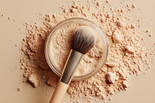 Light beige face powder in a glass bowl with makeup brush
