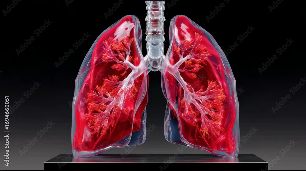 Poster detailed anatomical model of human lungs showcasing intricate structures in vibrant red against blac