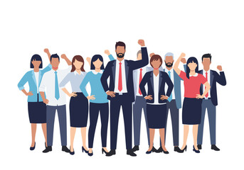Fototapeta premium A diverse group of professionals celebrating success with raised fists and determined expressions