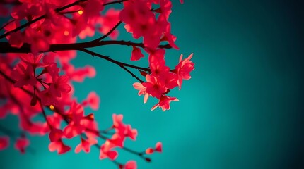 Pink blossoms against teal background