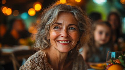 Joyful Senior Grandmother Enjoying Quality Time with Grandchildren at Outdoor Family Dinner Party, Focused on Laughter and Happiness with Food and Drinks, Vibrant Garden Setting in Warm Evening Light