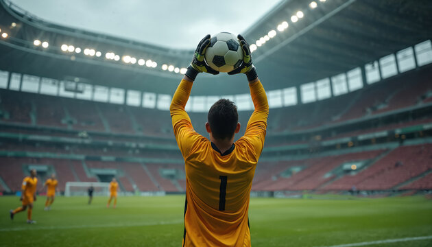 Goalkeeper catches ball during football game in stadium. Player wears yellow jersey, black gloves. Green grass field, blurred stadium background with lights. Team sport action.