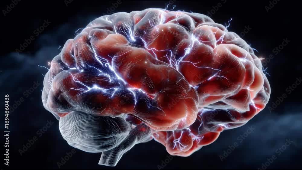 Poster detailed and dynamic visualization of a human brain with electrical activity against a dark backgrou