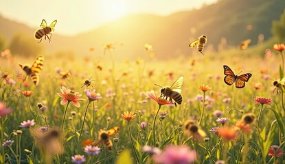 Buzzing bees and monarch butterflies flutter through a vibrant meadow bathed in golden sunset light.