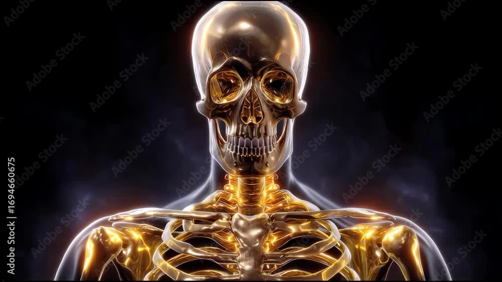 Poster detailed view of a shiny metallic skeletal structure with glowing elements against a dark smoky back