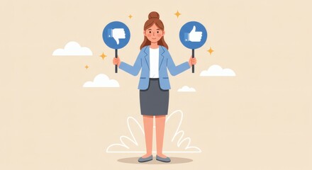 Woman Choosing Thumbs Up or Down Feedback Dilemma.