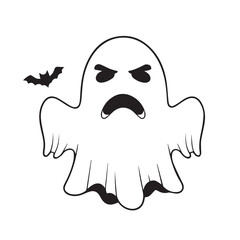 A simple black and white line drawing of an angry cartoon ghost with a small bat. This spooky vector illustration is isolated on a white background, perfect for Halloween designs