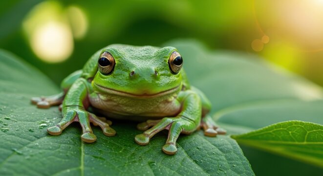 Vibrant Green Tree Frog Resting on a Dewy Leaf in Soft Sunlight