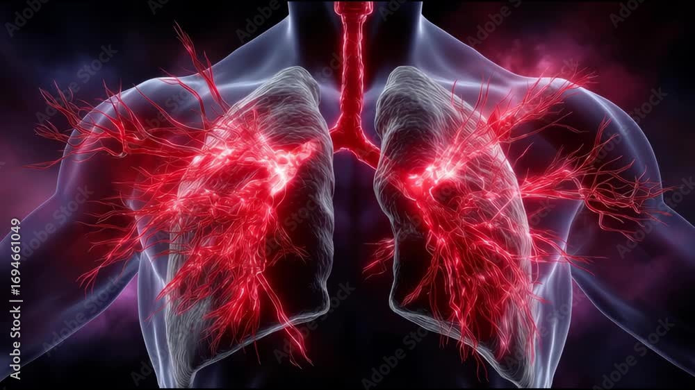 Aufkleber Digital Rendering of Human Lungs with Intricate Red Vascular Structures on a Dark Cosmic Background.Animation loop concept