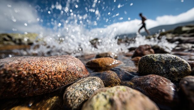Rocky stream with splashing water, a person walking in the background