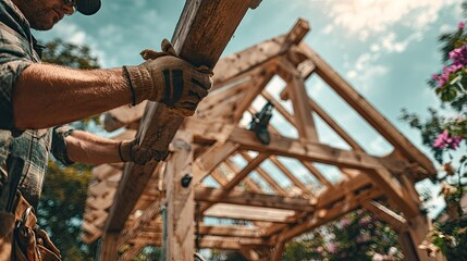 Carpenter working on a wooden pergola structure.