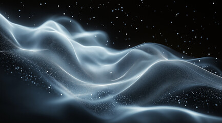 Abstract shimmering waves undulate against a dark backdrop with scattered specks, creating an ethereal and visually captivating composition.