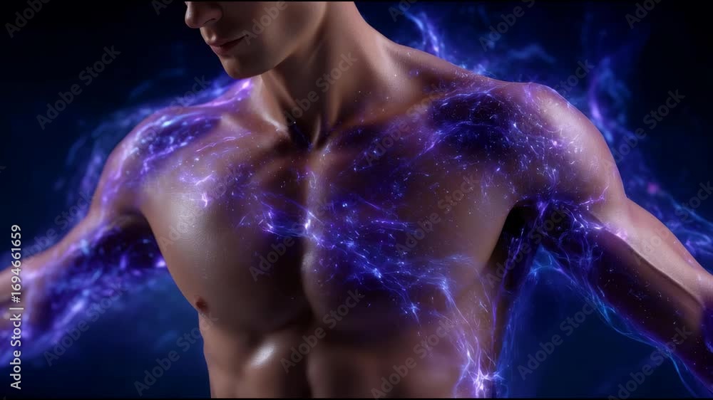 Aufkleber dynamic close-up of male figure with glowing energy patterns emanating from chest against dark backg