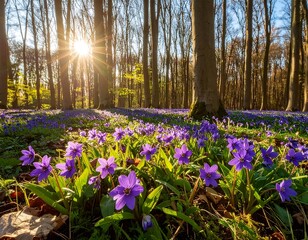 Sunlit forest floor blanketed in purple wildflowers