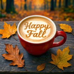 A red mug sits on a wooden table, filled with a latte that has 'Happy Fall' artfully written in the foam