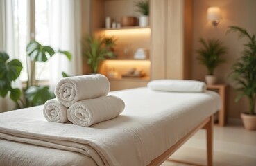 Modern wellness center interior features massage table with neatly rolled white towels. Empty room with plants offers calm, minimalist spa atmosphere for physiotherapy, massage therapy, rejuvenation.