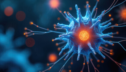 Vibrant blue cell with glowing orange nucleus, tendrils. Represents energy, dynamic processes, scientific research. Cell structure shows intricate details, pathways. Dark background with bokeh effect.