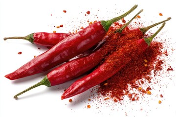 Red chili peppers and powder on white background