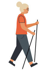 An elderly woman enjoying nordic walking, an active and healthy lifestyle concept for senior citizens, promoting fitness and well-being.