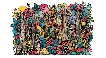 Fototapeta premium Whimsical Fantasy Forest Landscape, Doodle Art of a Magical Forest, Vibrant Monster Art