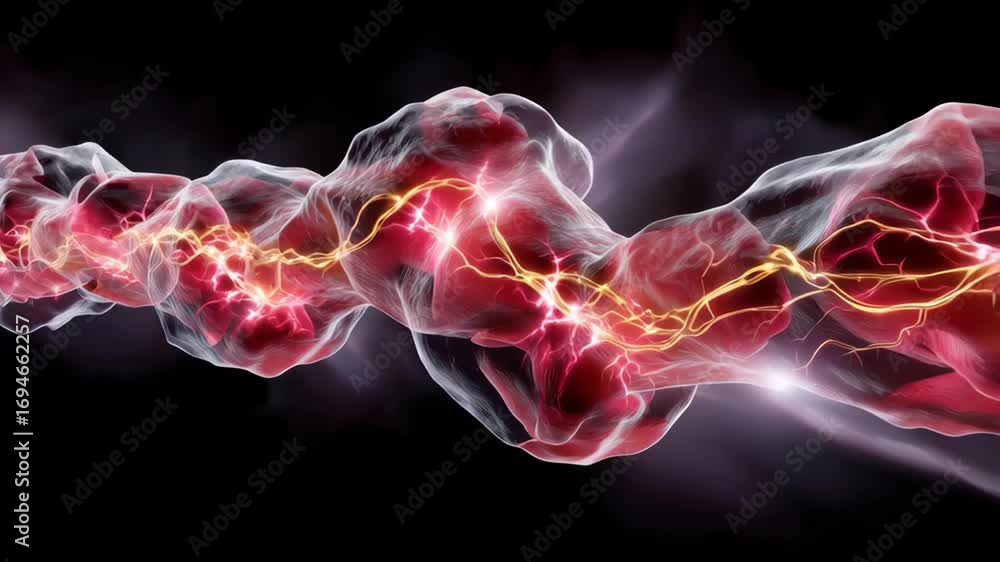 Poster dynamic representation of intertwined energy flows with vibrant red tones and electric highlights.an