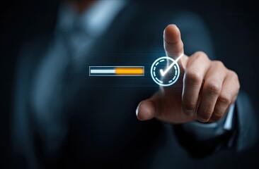 Businessman interacting with a digital interface showing progress and completion