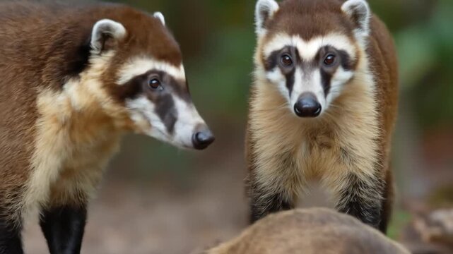 Close-up of a South American coati, with others blurred in the background, showcasing its distinctive brown and tan fur, dark eyes, and pointed snout.  The 