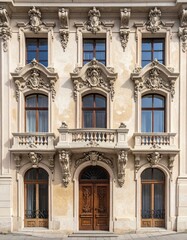 Obraz premium Ornate facade of a historic building. Detailed carvings, balconies, and arched windows adorn a light beige structure