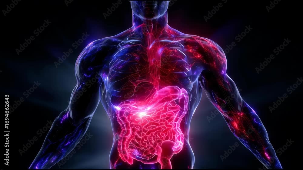 Poster dynamic visualization of a glowing human body anatomy showcasing respiratory and digestive systems.a