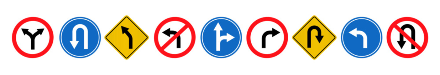 turn and u turn various road signs collection isolated on white background vector illustration