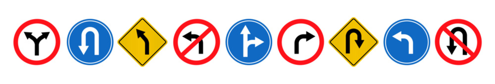 turn and u turn various road signs collection isolated on white background vector illustration