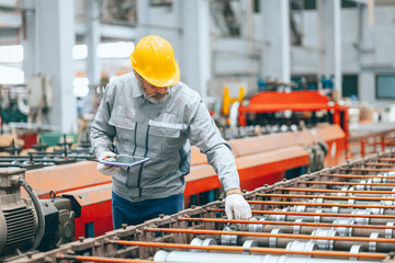 Professional senior Industrial worker in protective helmet and uniform service machinery in factory