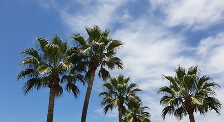 Obraz premium Palm trees with sunny sky, and vacation.