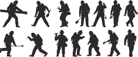Silhouettes of firefighters walking, working with tools, emergency equipment, safety helmet, holding gear, rescue action, fire protection, vector illustration