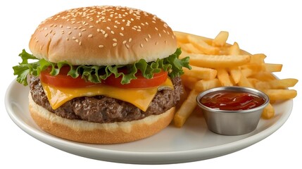 Burger with French Fries and Tomato Ketchup on White Background